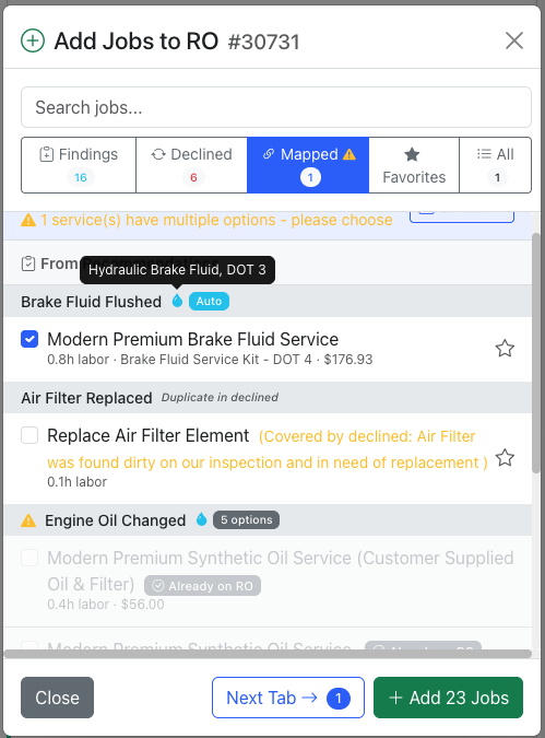 Add Jobs modal showing mapped canned jobs with fluid specs and duplicate detection