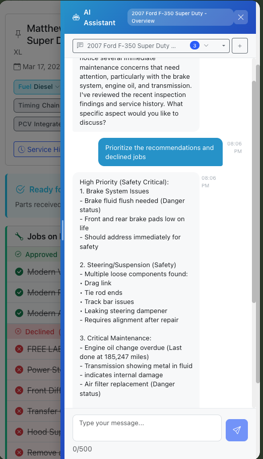 AI chat sidebar helping a service advisor diagnose a customer concern