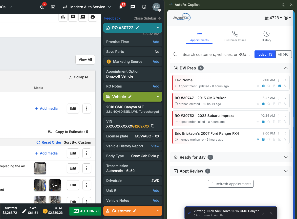AutoRx Copilot appointments dashboard showing vehicles grouped by workflow stage