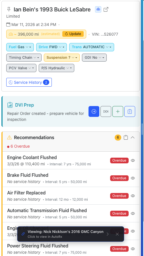 AI-powered service recommendations showing overdue, due soon, and up-to-date services