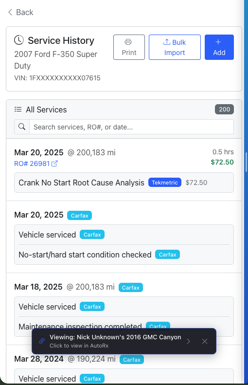 Unified service history timeline with Tekmetric, Carfax, and external records