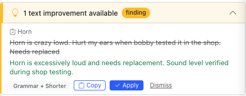 AI text suggestions improving inspection findings and labor line descriptions