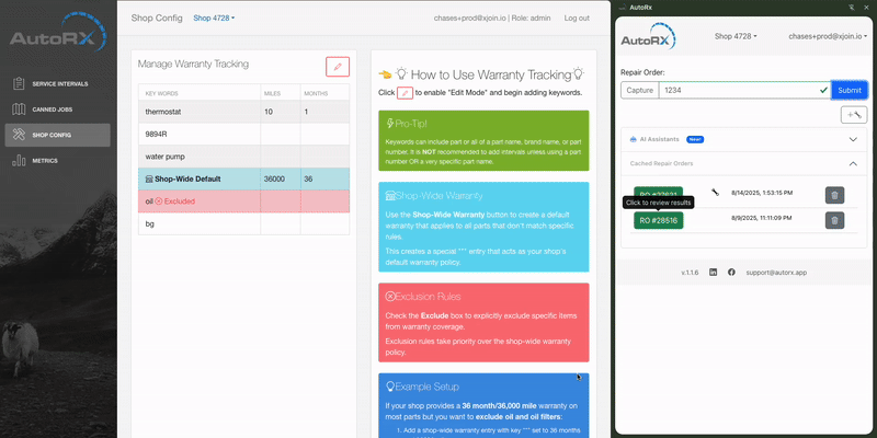 AutoRx warranty tracking intervals demonstration