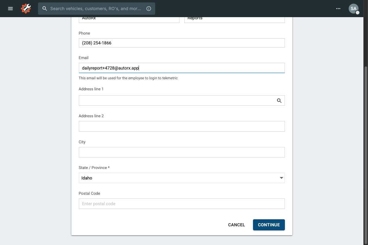 Employee info form filled out with AutoRx Reports information