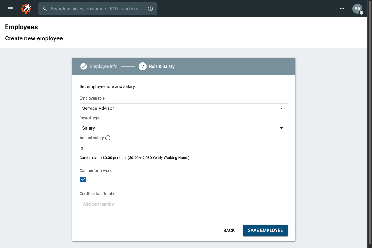 Role and Salary page with Service Advisor selected