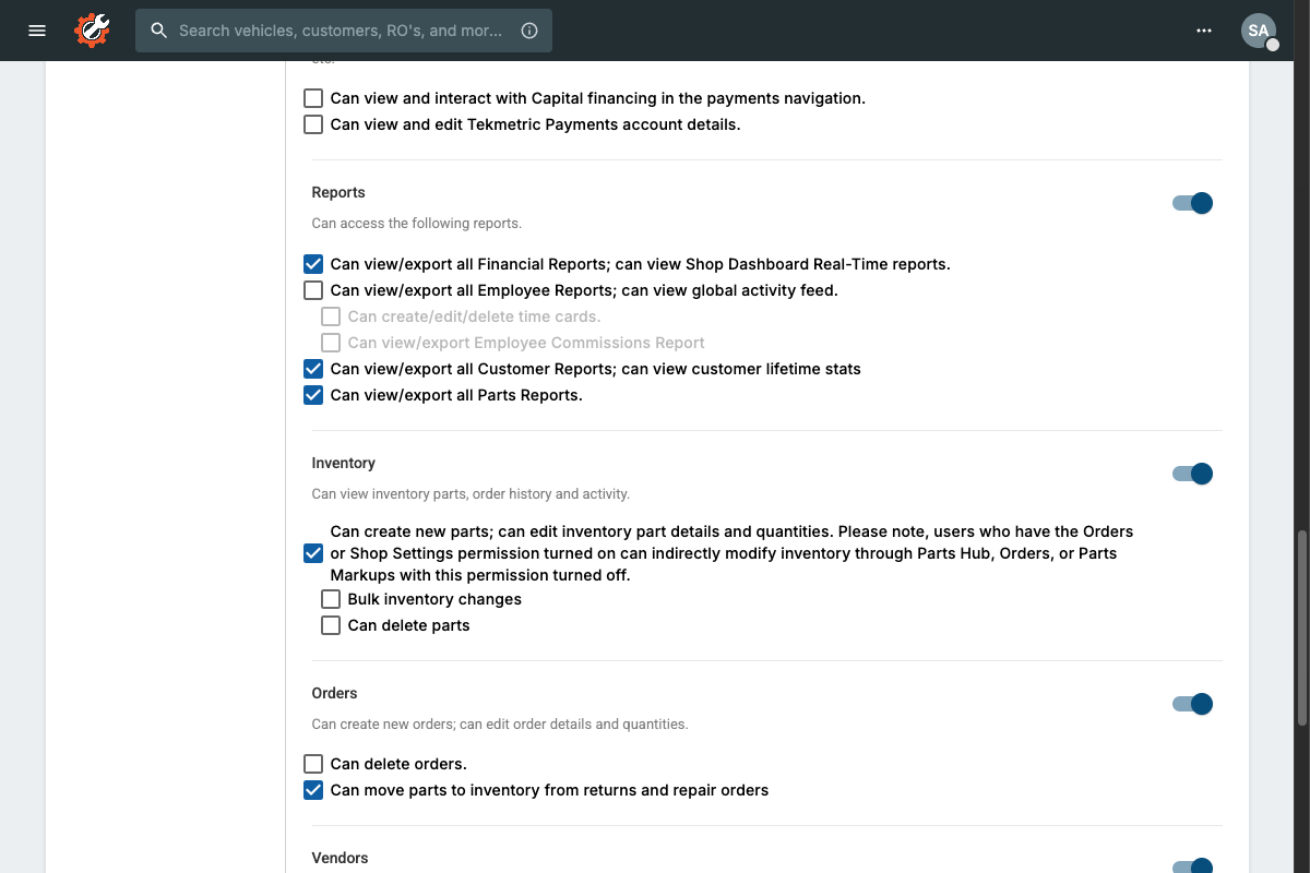 Permissions page showing Finance and Reports checkboxes enabled